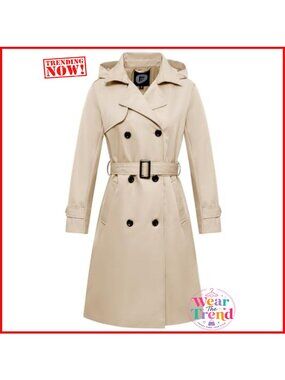 Waterproof Long Trench Coat Double Breasted Belted Detachable Hood